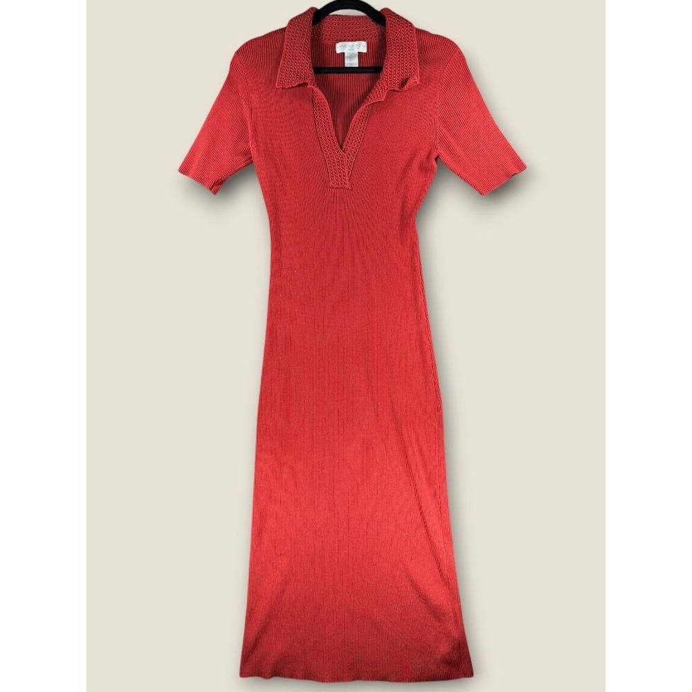 Caroline Constas Red Ribbed Knit Polo Midi Dress Short Sleeve Crochet Trim L